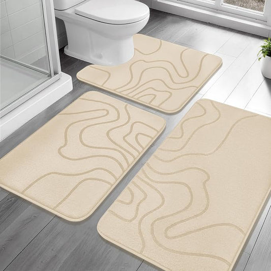 YIHOUSE Memory Foam Bathroom Rugs Sets 3 Piece, Ultra Soft Bath Mat, Beige | Ultra Soft, Extra Thick Bath Mat, Absorbent, Non-Slip, Machine Washable, For Tub, Shower & Home Decor Accessories