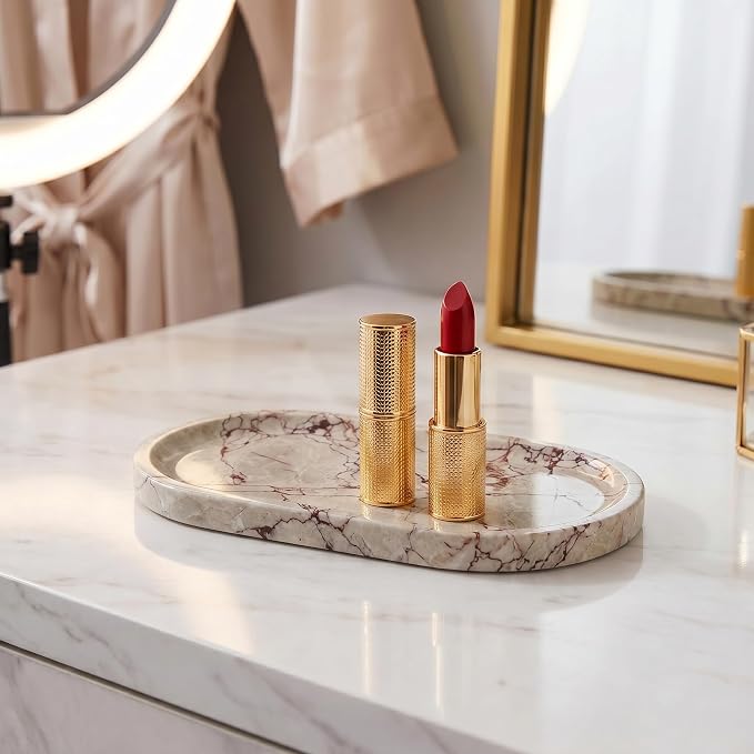 YKAJO Calacatta Viola Pink Oval Marble Tray, 9.8x4.7 Vanity Organizer Dish | Honed natural stone; jewelry & trinket dish, ring & key holder, soap & candle catchall; bath counter, dresser, coffee table