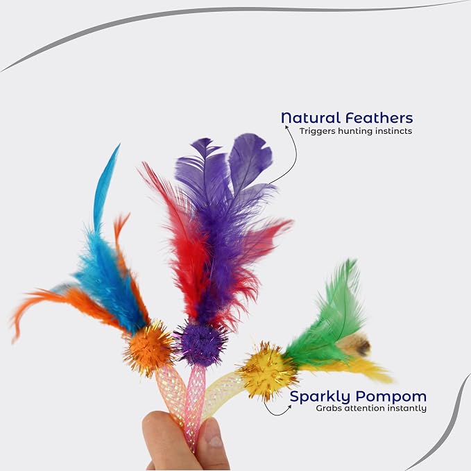 Cat Toys for Indoor Cats, Interactive Cat Wand Toy 3 Pack with Feathers, Mesh Tube, Bell & Pom Pom, Cat Teaser Wand, Cat Fishing Pole Toy for Kittens and Adult Cats