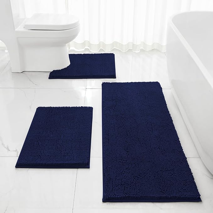 HOMEIDEAS Navy Blue Long Chenille Bathroom Rugs Set of 3, Non Slip Bath Mat | Super Absorbent, Soft Microfiber, Machine Washable, Stain Resistant, for Bathroom Decor
