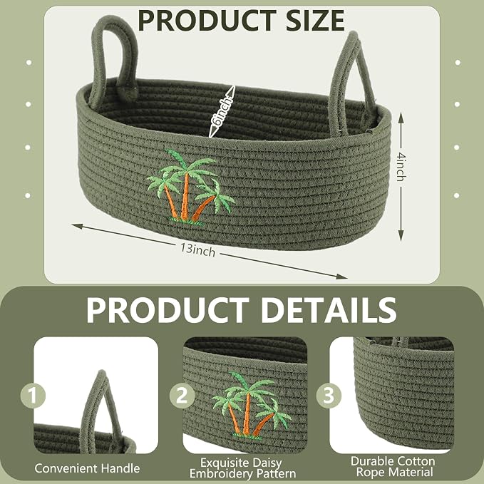 Vesici Coconut Palm Tree Woven Storage Basket for Toilet Tank Top Tropical Beachy Cotton Rope Bathroom Countertop Organizer Basket with Handle Summer Green Bathroom Decor for Bedroom, 13 x 6 x 4 Inch