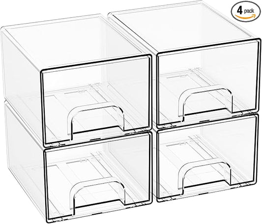 4.4" Tall Small Clear Acrylic Stackable Storage Drawers for Vanity,Under Sink,Bathroom Closet,Medicine Cabinet Organization and Plastic Storage Bins for Organizing Makeup,Baby Bottles,Pacifier,4 PCS
