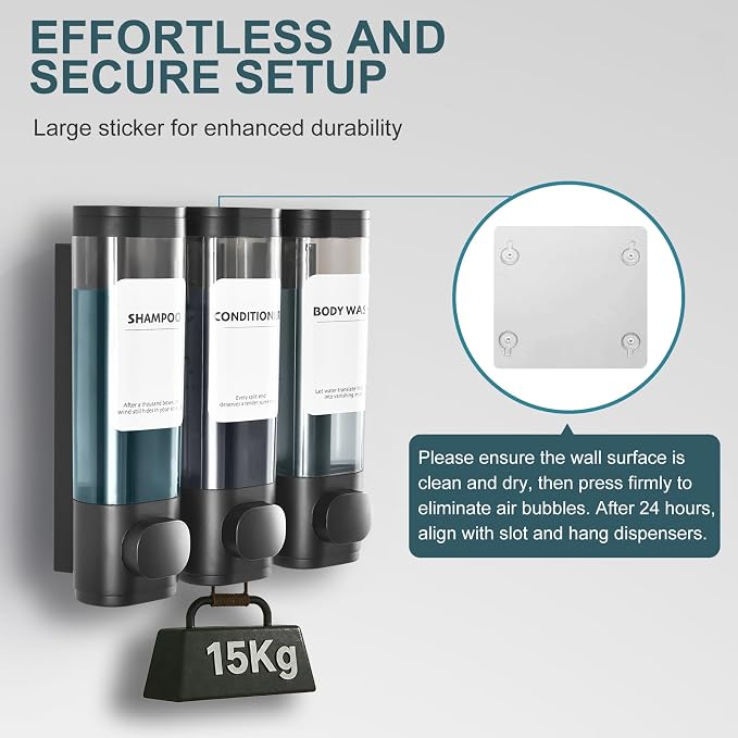 Shampoo Conditioner Shower Soap Dispenser 3 Chamber Wall Mount Black | Refillable. Leakproof 900ml. No-Drill Wall Mount. Soap, Shampoo, Conditioner, Body Wash, Shower Gel, Bathroom Set. BPA-Free.