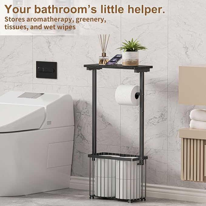 Free Standing Toilet Paper Holder with Storage Shelf – Bathroom Tissue Stand with Space for Phone, Wet Wipes and Magazines – All-in-One Toilet Roll Dispenser and Organizer Holds 4-6 Rolls