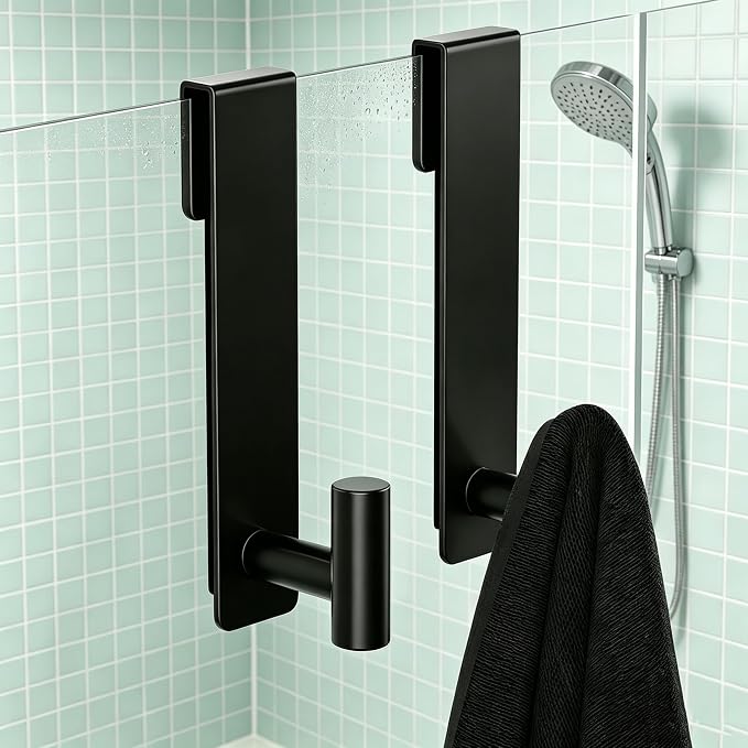 WUIVIUT T-Shape Heavy-Duty Stainless Steel Over The Glass Door Hooks - Frameless Glass Door Hooks for Bathroom Shower Towel Holder 19 cm Hook for Robe,Towels,Shower(T Shape 2 Pack, Fits 3/8'' Thick)