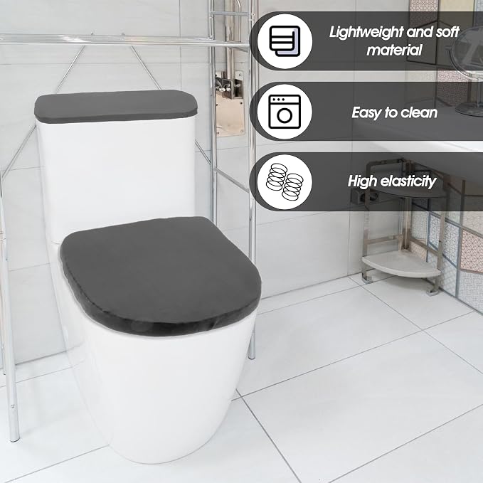 Tyqour Grey Toilet Lid Cover and Toilet Tank Cover Set, Grey Toilet Seat Cover with Elastic Bottom, Universal Toilet Cover Set for Bathroom Decor Accessories