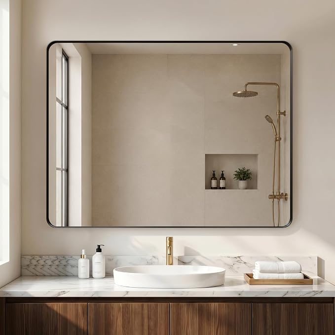 40"x30" Bathroom Vanity Mirror for Wall Aluminum Framed Farmhouse Rectangle | Anti-Rust, HD Reflection Anti-Desilvering, Distortion Free, Tempered and Shatter-Proof Wall Mounted Mirror, Black