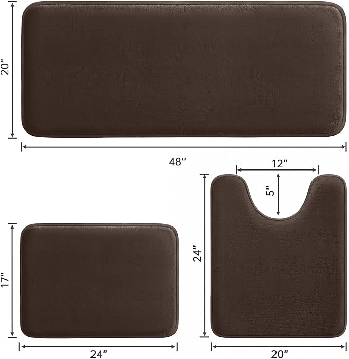 HUXMEYSON 3-Piece Memory Foam Bathroom Rug Set, Brown | Quick Dry Velvet Surface, Non-Slip & PVC Backing, Ultra Soft Bath Rugs for Bathroom, 17"x24"+20"x48"+U Shape 20"x24"