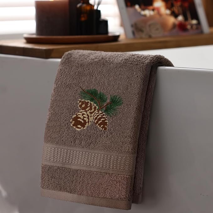 3 Pcs Rustic Pine Cone Hand Towels for Bathroom Christmas Decor | Embroidered Pine Cone Design, 100% Cotton, Christmas Bathroom Kitchen Decor, Absorbent Towels, Holiday Housewarming Gifts