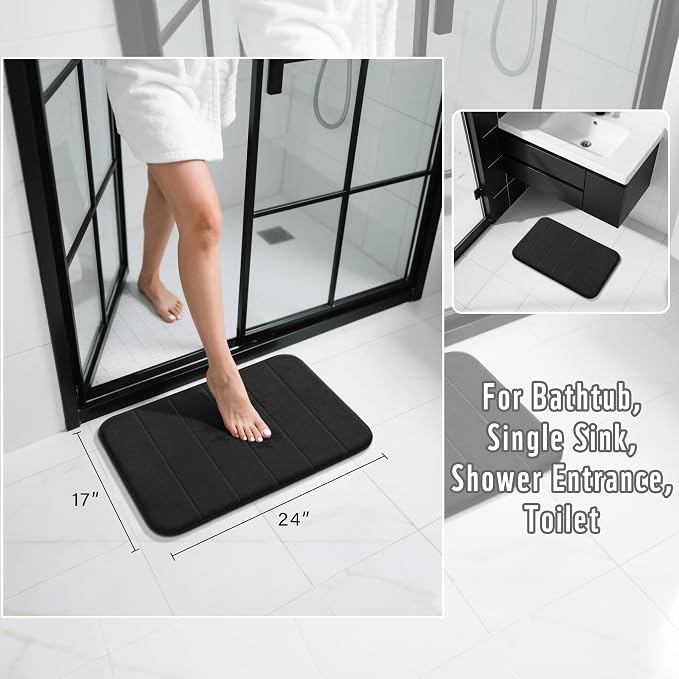 Yimobra Memory Foam Bath Mat, Soft Absorbent Bathroom Rug, 24x17, Black | Non Slip Backing, Quick Dry, Machine Washable Bath Rug for Tub & Shower Areas, Durable Design That Complements Bathroom Decor