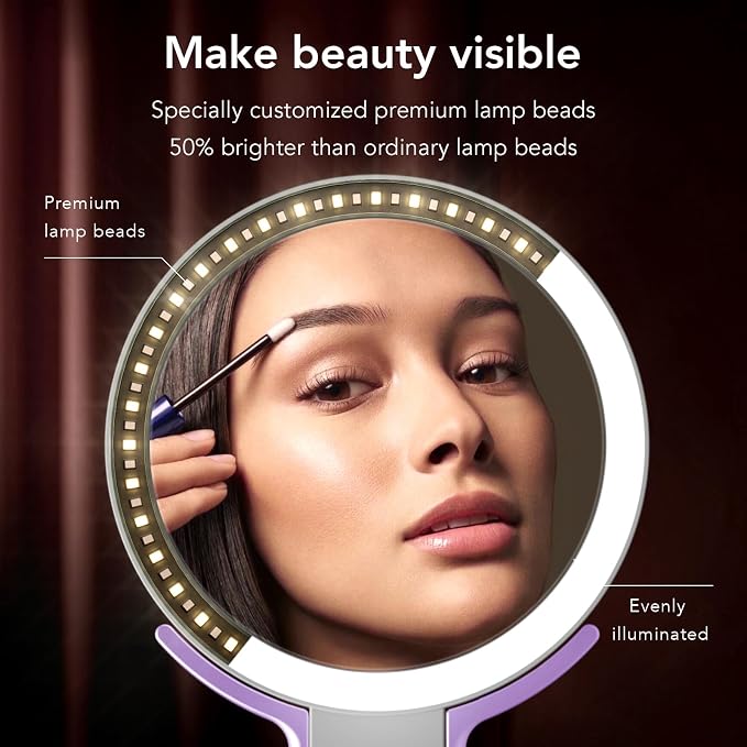LitBear Travel Makeup Mirror with Light, Rechargeable Double-Sided 10X/1X Magnifying Mirror, Portable Lighted Beauty Mirror, 3 Color Lighting, Dimmable Touch Screen, Tabletop Handhold Hanging (Purple)