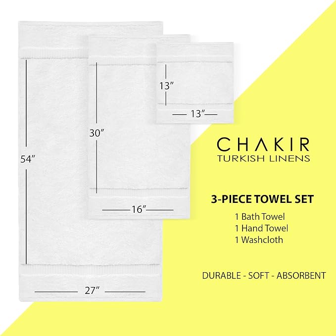 Chakir Turkish Linens 100% Cotton Personalized 3-Piece Set, White | Personalized 100% cotton 3-pc set, OEKO-TEX certified: bath 27x54, hand 16x30, wash 13x13