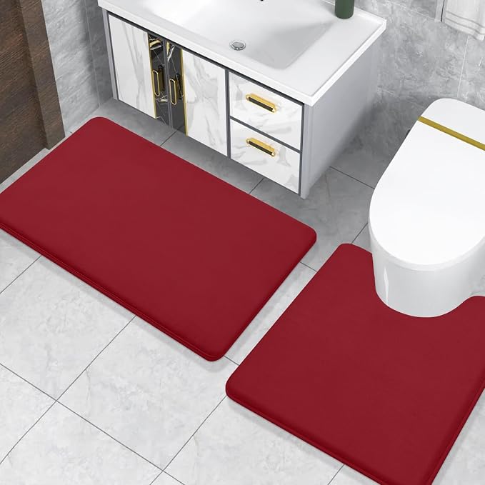Smiry Memory Foam Toilet Rugs 24x20, Extra Soft Absorbent Bathroom Rugs | Red, Quick Dry Machine Washable Non-Slip Contour Bath Mat for Toilet