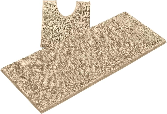 LuxUrux 2-Piece Bathroom Rug Set – Plush Chenille Runner & U-Shaped Toilet Mat, Soft, Absorbent & Non-Slip Design (20x20 U & 27x47 inches, Birch)