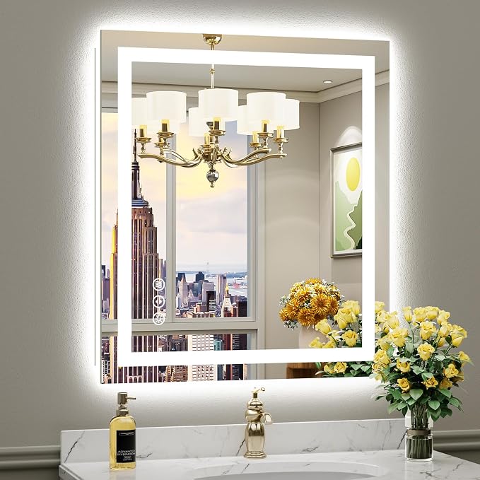 Briivue 28x32 Inch LED Bathroom Mirror with Lights, Backlit & Front Lit | Anti-fog, 3 Color Dimmable, Memory Function, HD Reflection Tempered Glass, ETL Listed, IP54 Waterproof