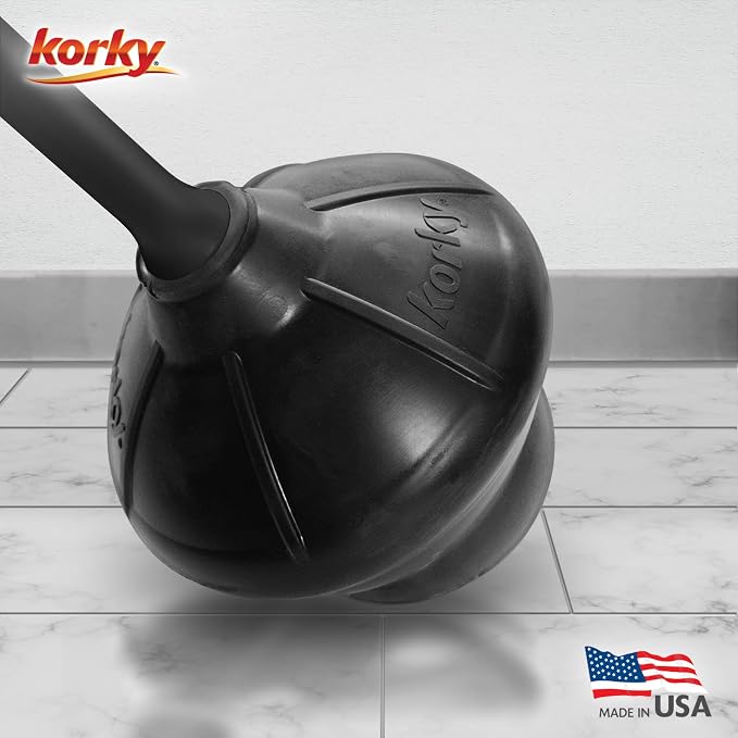 Korky Black Toilet Plunger and Holder – Fast Clog Removal - Made in USA