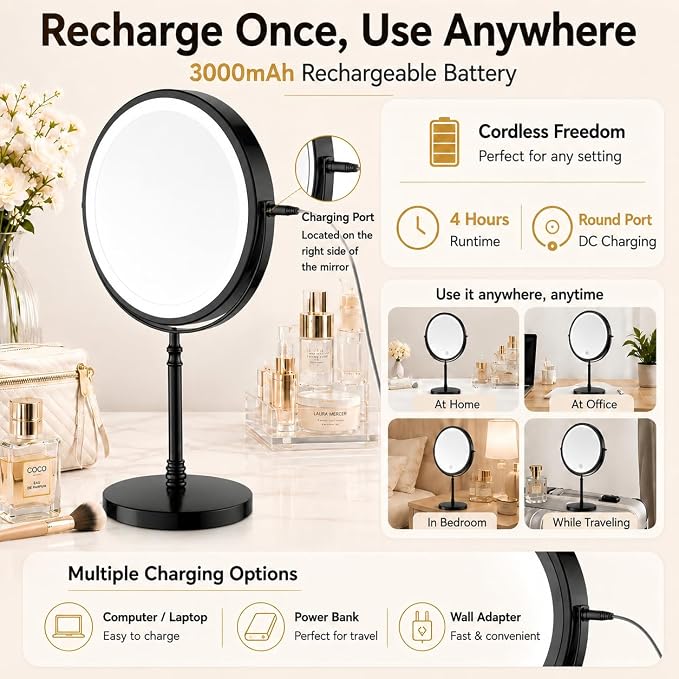 DEIOVWXS Makeup Mirror, Rechargeable Vanity Mirror with 3 Lights, 1X/10X | Adjustable Brightness, 3000mAh, Double-Sided, Gift for Mom, Women, Wife, Girls, Dorm Room Essential