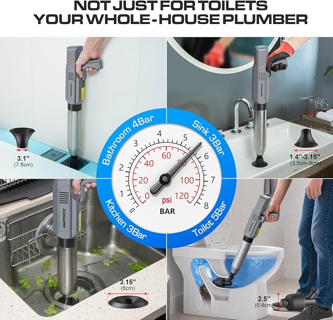 Electric Toilet Plunger, Heavy-Duty Clog Remover, Dark Gray | High-pressure air plunger for bathrooms. Powerful toilet drain unclogger.