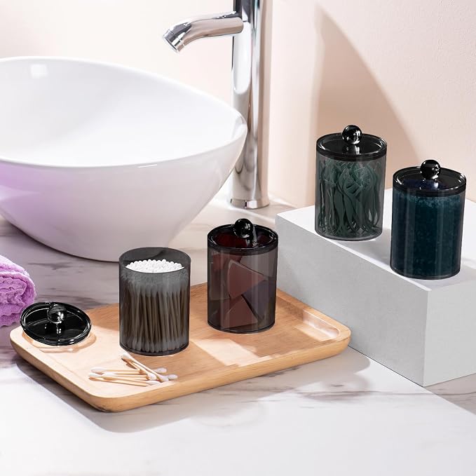 4 Pcs Acrylic Qtip Holder, Cotton Ball Holder Jars with Lids, Black | Apothecary Jars for Cotton Swabs, Balls, Pads and Floss Picks, Bathroom Vanity Organizer