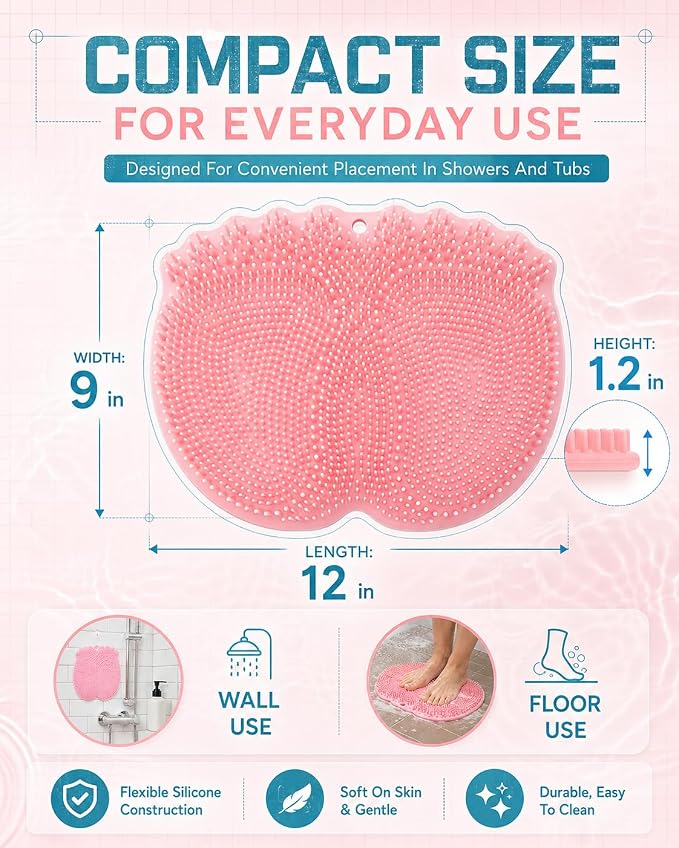 Foot Scrubber in Shower Mat Back Easy for Clean Feet Hands Free Washing Washer Silicone Wall Mounted Brush Accessories for Inside with Non- Slip Suction Cups Bathroom Pad (Gray)
