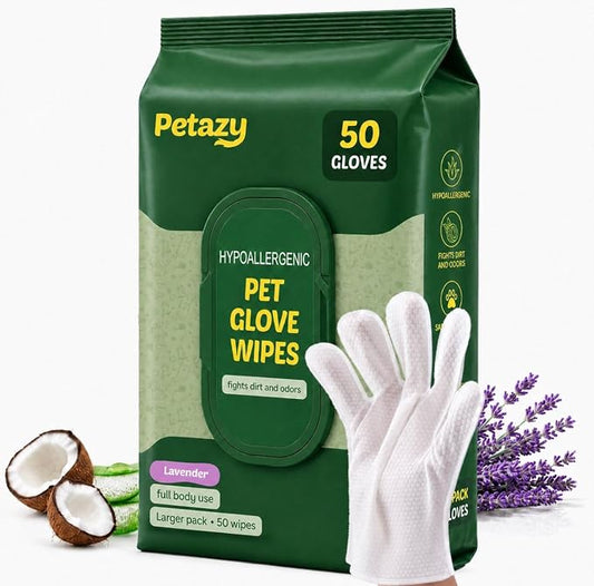 Pet Glove Wipes for Dogs & Cats - Paws, Ears & Butt Cleaning, 50 pk | Lavender, Grooming Glove, Deodorizing, Tear-Resistant, Thick, Hypoallergenic, Aloe & Coconut Oil for sensitive skin, No Rinse