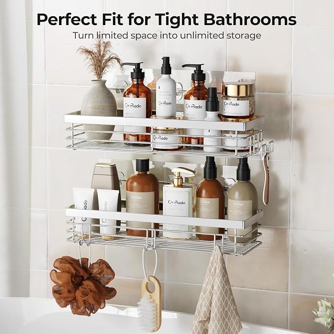 Orimade Shower Caddy with 5 Hooks Organizer for Hanging Razor and Sponge Bathroom Basket Adhesive Shower Shelf Storage Kitchen Rack Wall Mounted No Drilling Rustproof Stainless Steel - 2 Pack