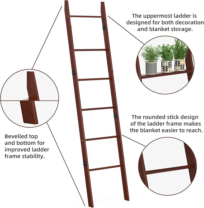 BAMBANG 6-Tier Blanket Ladder for Living Room, Blanket Quilt Ladder Rack Rustic Decorative Towel Holder, Wall Leaning Blanket Ladder Shelf Storage Farmhouse Decor for Bedroom Bathroom, Brown