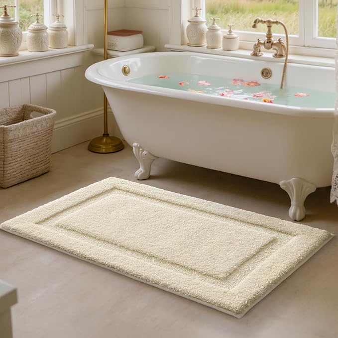 LUMI Soft Bathroom Rugs Absorbent, Non Slip Bath Mat 24x60, Ivory White | Machine Washable with Rubber Backing, Quick Dry, Premium Microfiber Carpet for Bathtub and Shower Floor