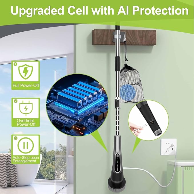 Electric Spin Scrubber, Cordless IPX7 Waterproof, Dual Speed Shower Scrubber with Adjustable Long Handle, 7 Replaceable Brush Heads for Bathroom, Bathtub, Tile Floor, Toilet, Kitchen & Car