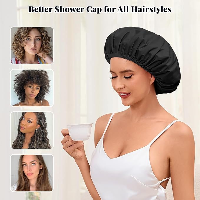 Shower Cap for Women Waterproof Reusable, Large Shower Cap Non-Slip with Elastic Band, Washable Bath Hair Hat for Long Hair, Braids (Black)