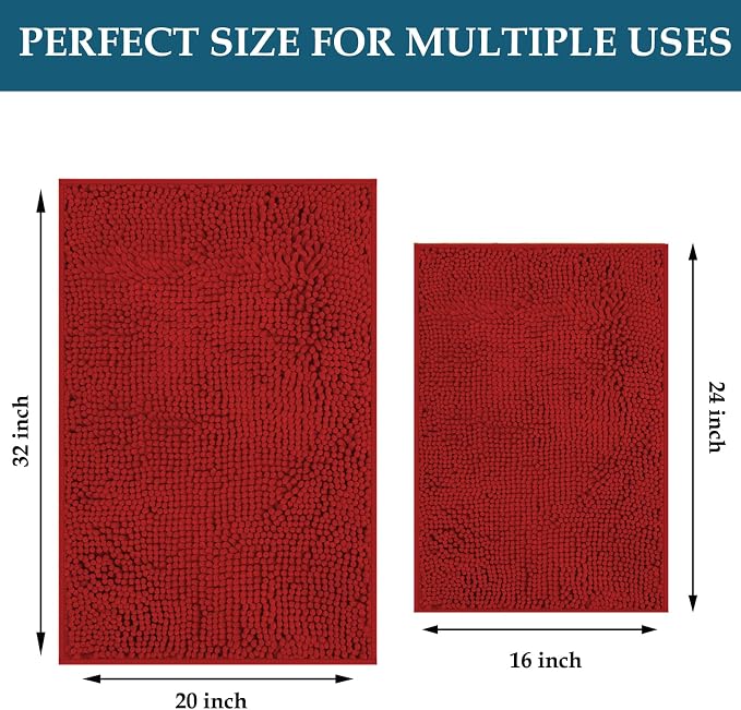 Red Bathroom Rugs Set 2 Piece Ultra Thick Bath Mats, Washable Soft Chenille Bathroom Sets, Bathtub Mat, Ultra Absorbent Bath Carpet
