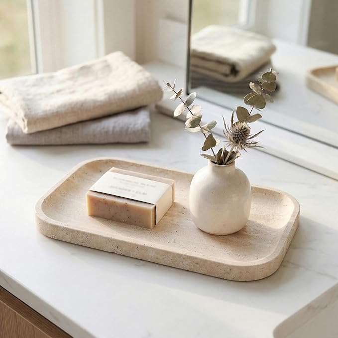 Natural Italian Travertine Tray Rectangular Decorative Marble Vanity Tray for Bathroom Countertop Hand-Polished Organizer for Kitchen Soap Jewelry Coffee Table Beige (11.8X7.8 Inch)
