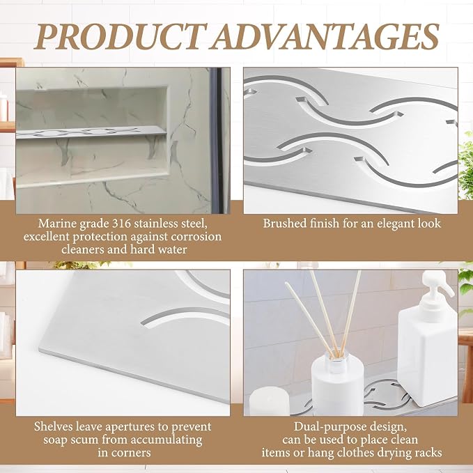 Teenyyou 2 Pack Niche Rectangular Shelf for 12 Prefabricated Board Niche Fits 5/32 Grout Line, 4mm Thick, Bathroom Wave Design, Marine Grade Brushed 316 Stainless Steel