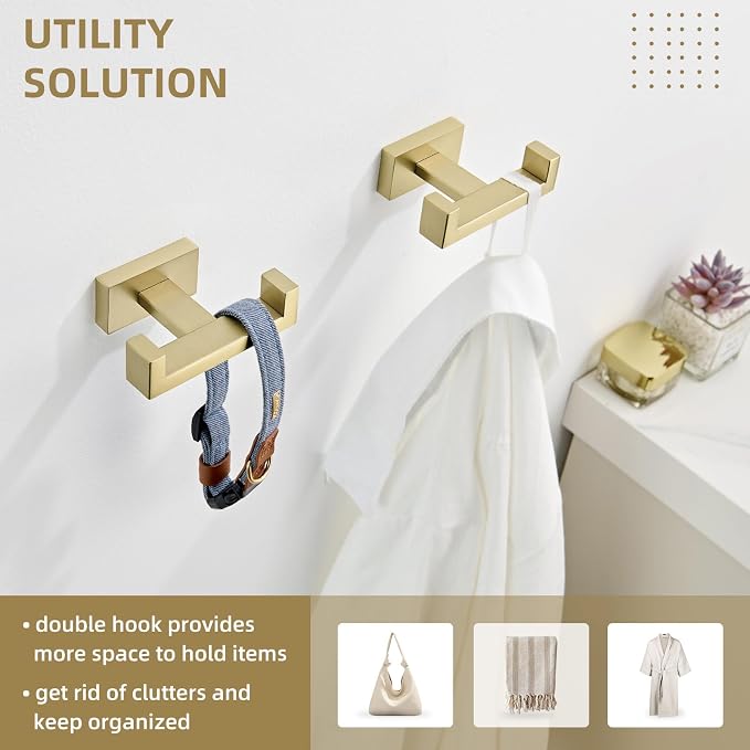 Angle Simple Double Towel Hook, SUS304 Stainless Steel Hand Towel Holder, Bathroom Robe Coat Hook for Wall, Brushed Gold, 2 Pack