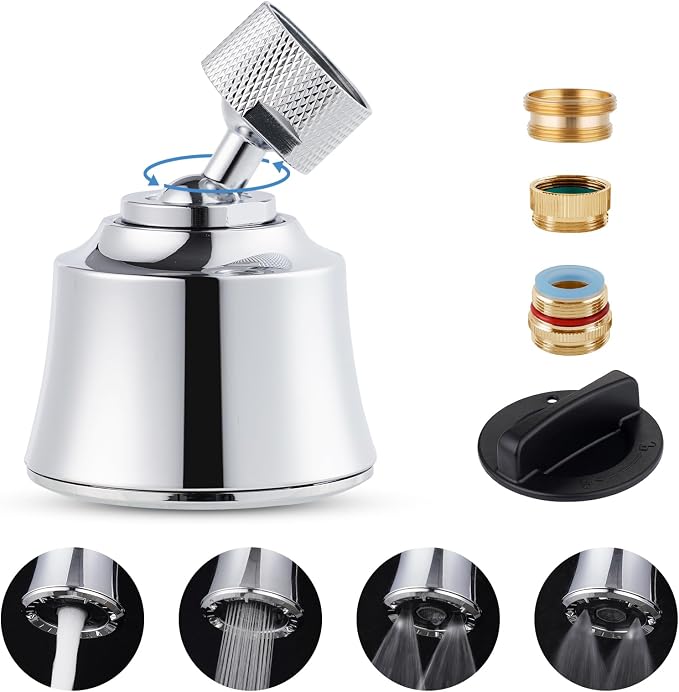 Hygie Rinse Kitchen Sink Faucet Head Replacement 4 Spray Faucet Sprayer Attachment with 2 Ball Joint, Big Angle Swivel, 55/64-27UNS Famale Thread, Male Thread Adapter Included, Chrome