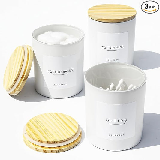 3PCS Farmhouse 13.53oz White Bathroom Canisters with 12 Labels & Wooden Lid Thick Glass Jar Set Qtip Holder for Cotton Ball & Pads Storage Organization Minimalist Decor