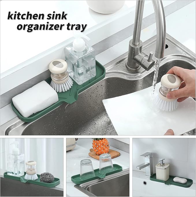 MicoYang Silicone Soap Dish with Drain Spout — Self-Draining Double Sink Organizer Tray for Kitchen & Bathroom, Dispensers, Sponges & Soap Holder, Non-Slip & Dishwasher Safe, Green (Large, 12"×4")