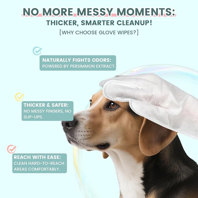 IMMHABI 50 Count Cleaning Deodorizing Pet Glove Wipes for Dogs & Cats, Hypoallergenic Dog Bath Wipes with Natural Deodorizer Persimmon Tannin, Pet Bathing Wipes for Horse Coat Care Unscented
