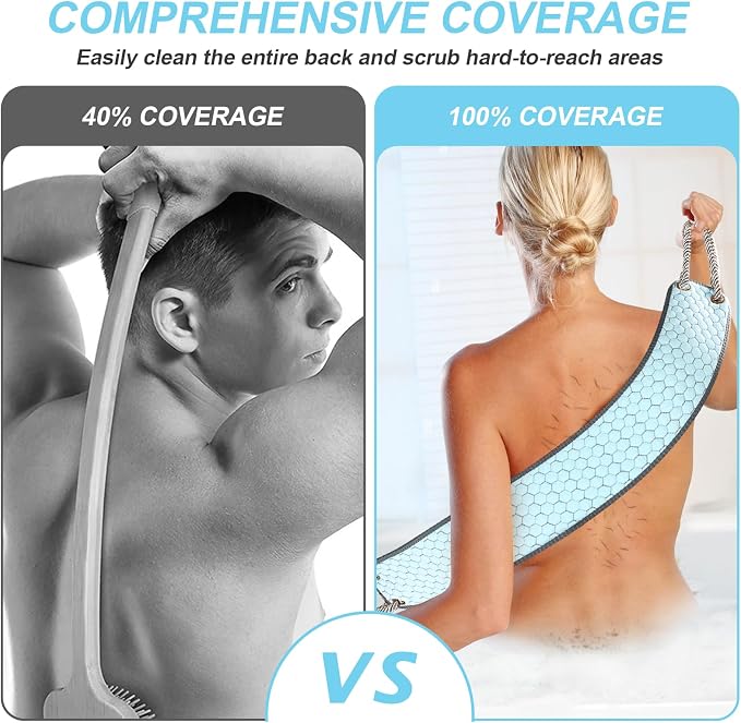 38 Inch Exfoliating Back Scrubber for Shower, Back Washer, Blue | Dual Handles Long Bath Exfoliator, Full Back Coverage without Straining, Dual-Sided for Deeper Cleansing, Men & Women Acne