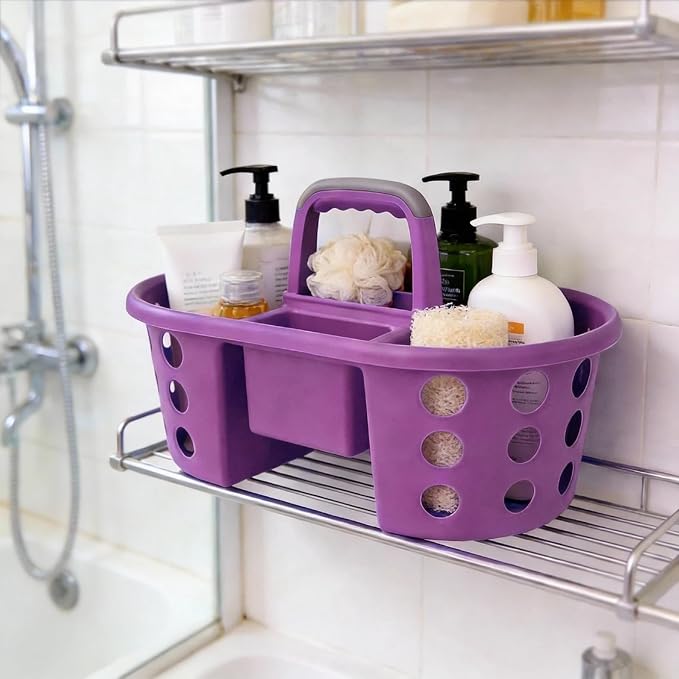SIMPLYKLEEN Large Shower Caddy Portable 2PC - Made in USA Plastic Jumbo Size Dorm Storage Candy Tote with Handle Shower Organizer for Bathroom, Pantry, Kitchen, College Dorm, Orange/Purple