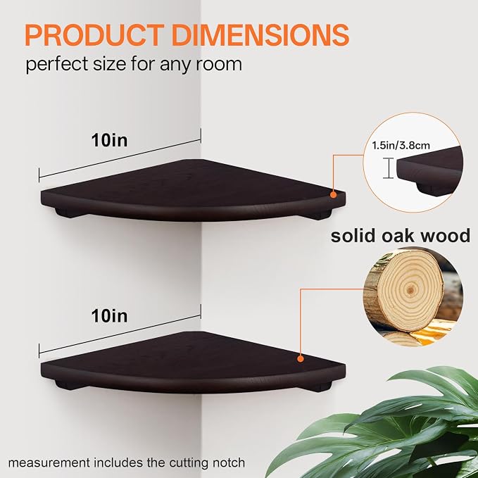 Gieanoo Floating Corner Shelves Set 2 10inch Walnut Solid Oak Rounded Corner Shelves Wall Mounted with Cable Hole Wood Corner Hanging Shelves for Living Room Bedroom Bathroom Kitchen