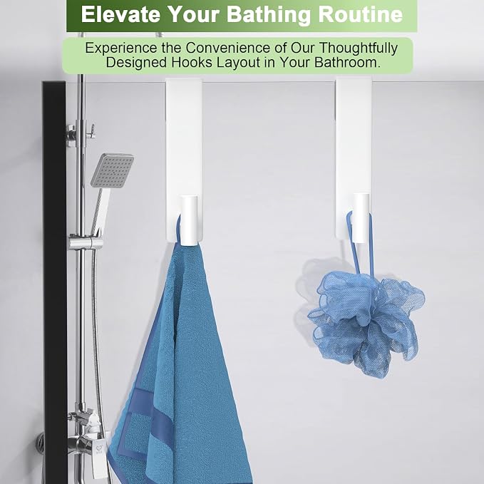Shower Door Hooks, Heavy Duty Rack Hooks for Robe, Stainless Steel Robe Towel Hooks for Bathroom, Fits Frameless Glass Shower Doors up to 3/8" (10mm) Thick (White, 2 Pack)