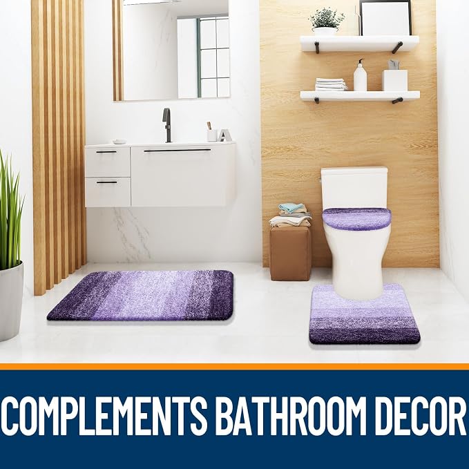 OLANLY Bathroom Rugs Sets 3 piece, Soft Microfiber Absorbent Bath Mat, U-Shaped Contour Toilet Mat and Toilet Lid Cover, Quick Dry, Machine Washable, Toilet Cover and Rug Set for Bathroom, Violet