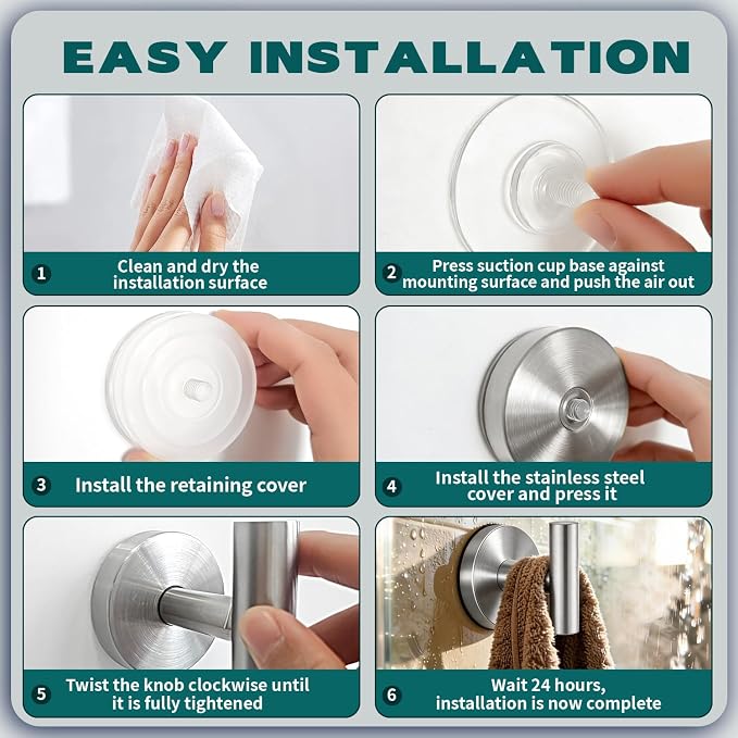 Suction Cup Hooks for Shower - Heavy Duty Matte Black Bathroom Hooks for Glass Door, 6 Pack No Drill & No Damage Waterproof Hooks for Tile, Rustproof for Towels & Door Wreaths