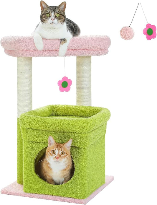 PEQULTI Indoor Cat Tree Tower Small Cats, Sisal Post & Cozy Condo, Pink | Private soft cat condo, soft top perch, natural sisal scratch posts, plush pom-pom toy for indoor kitties