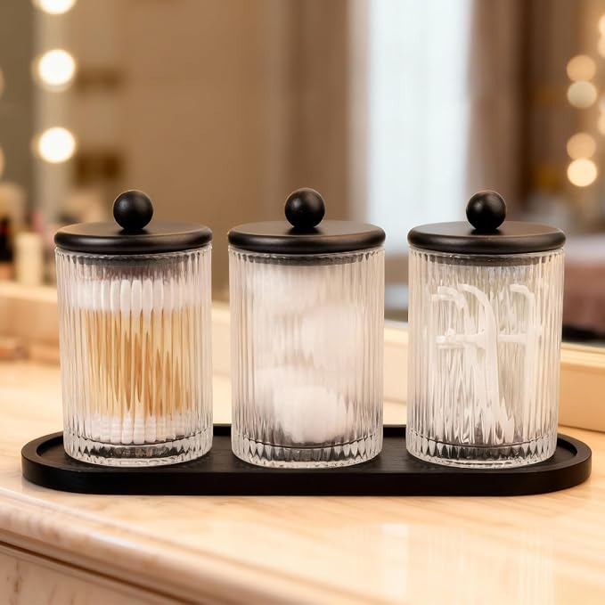 SheeChung 3 Pack Ribbed Glass Qtip Holder with Bamboo Tray & Metal Lids | Modern Industrial Bathroom Organizer Set for Cotton Rounds, Swabs, Flossers - Minimalist Vanity Storage Canister (Black )