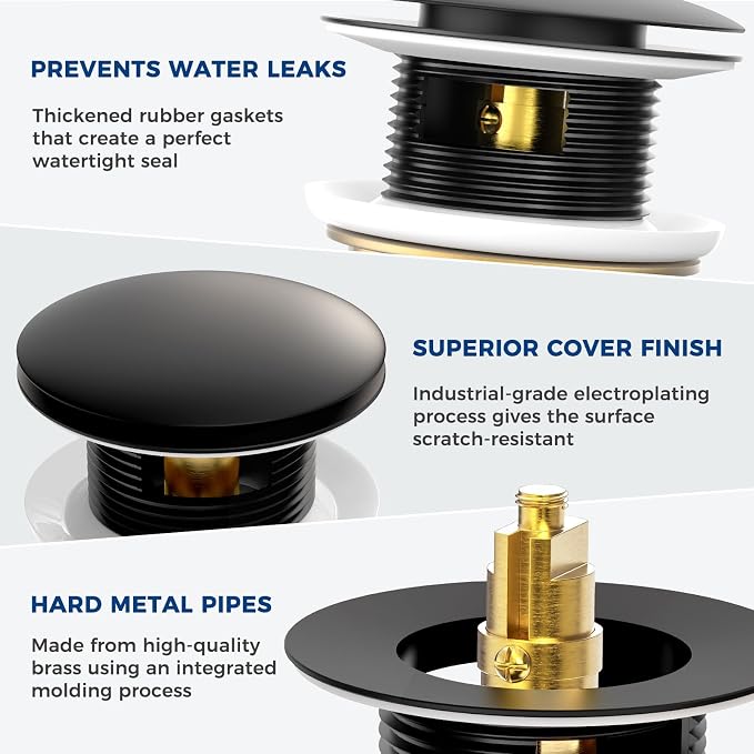BOTEMY Solid Brass Pop-Up Drain with Overflow for Freestanding Tubs, Tool-Free Installation Bathtub Drain Stopper with Matte Black Finish, Universal Fit 1.8" Hole, Leak-Proof Heavy Duty（Matte Black