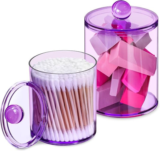2 Pcs Acrylic Qtip Holder, Cotton Ball Holder Jars with Lids, Purple | Apothecary Jars for Cotton Swabs, Balls, Pads and Floss Picks, Bathroom Vanity Organizer