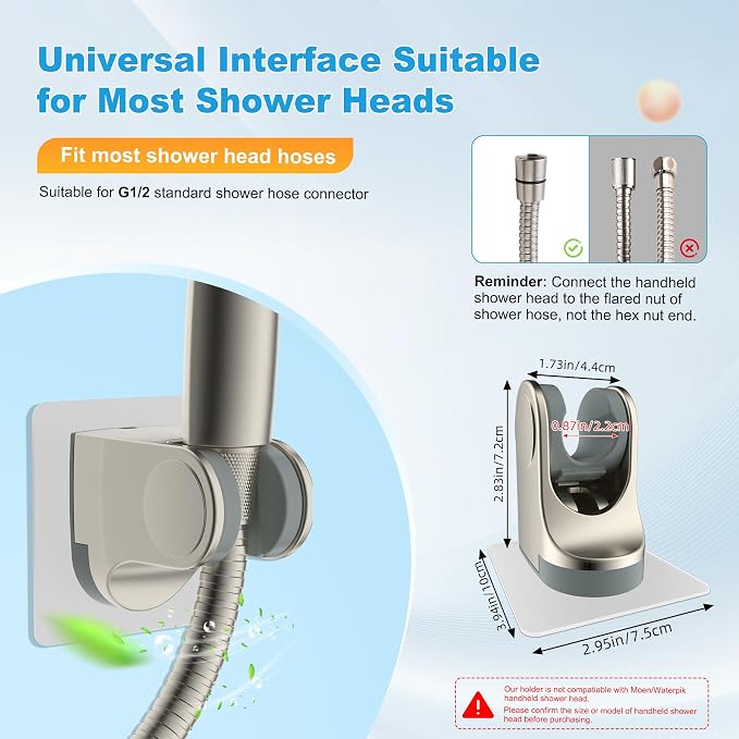 Hibbent 2 Pack Shower Head Holder, Strong Adhesive and Waterproof Handheld Shower Holder, Height Adjustable Wand Bracket, Wall Mount, No Drilling, Brushed Nickle