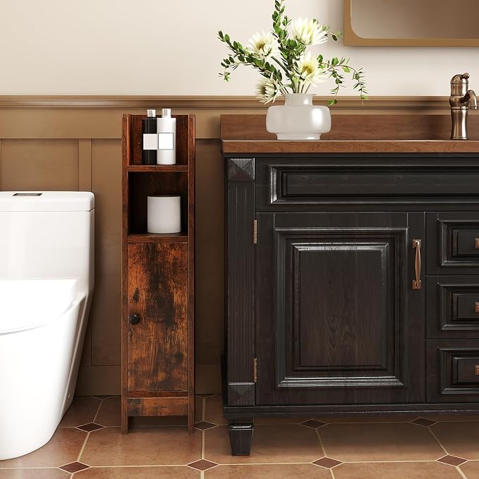 GIANTEX Bathroom Cabinet, Narrow Side Cabinet with Adjustable Shelf, Bathroom Cabinet, Space Saving, Storage Cabinet for Laundry Room, Living Room & Kitchen, 20 x 18 x 80 cm (Brown)